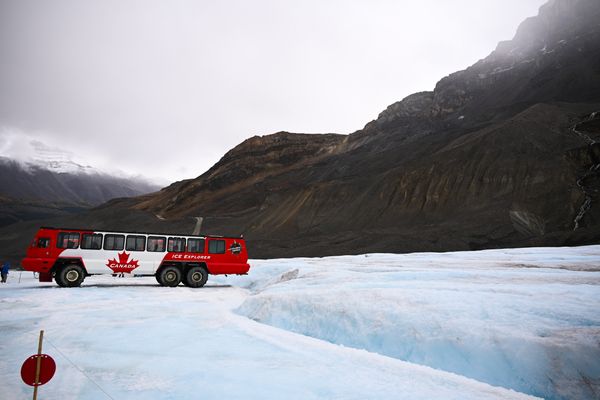 Icefields Parkway private tour vehicle stopped at a glacier viewpoint