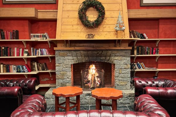 Mountain lodge fireplace in Banff after a day on the parkway