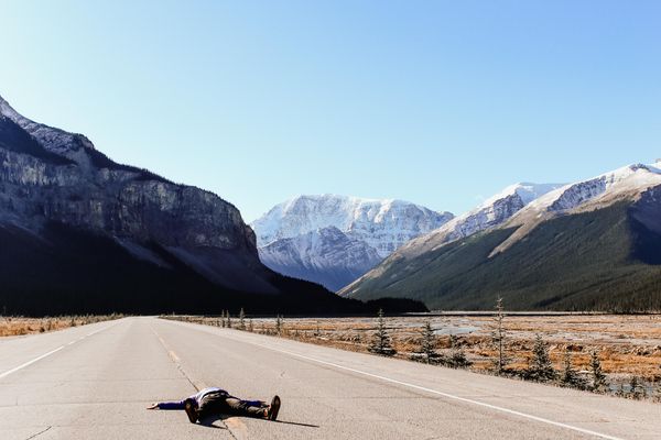 Independent travellers on a quiet road in the Canadian Rockies