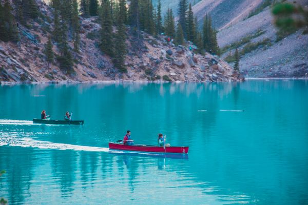 Guided canoe session for a corporate group in the Rockies