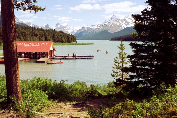 Maligne Lake in Jasper National Park at the quiet hour before day visitors arrive