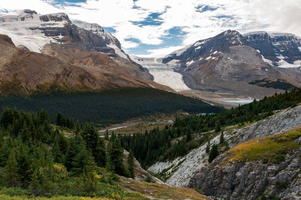The Icefields Parkway in summer with a glacier ahead