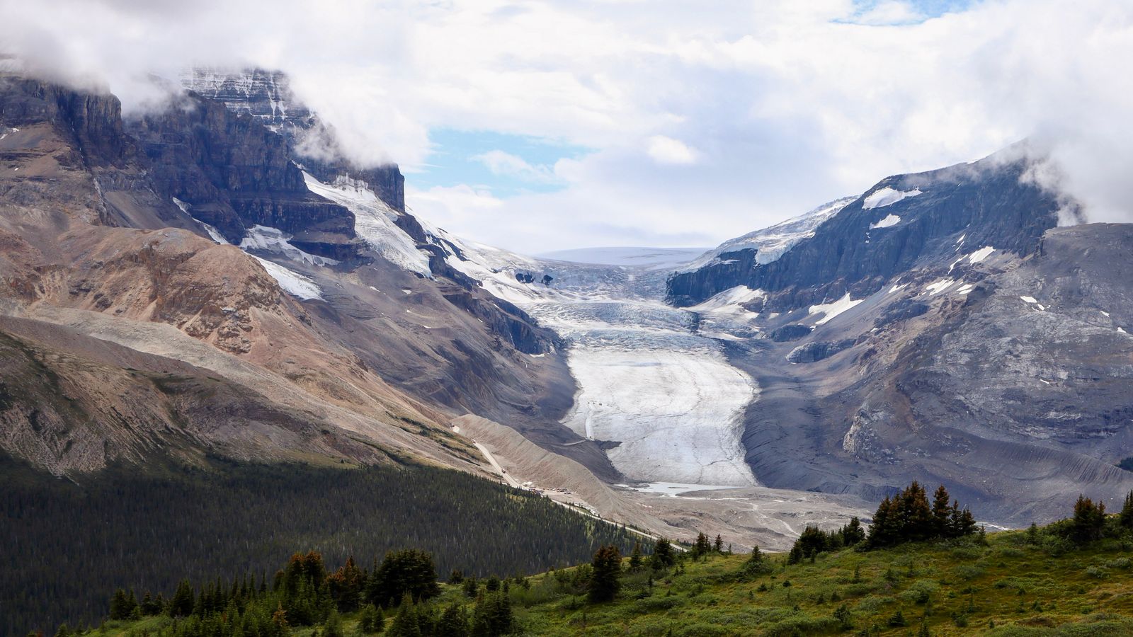 Summer on the Icefields Parkway, glacier and valley in one frame