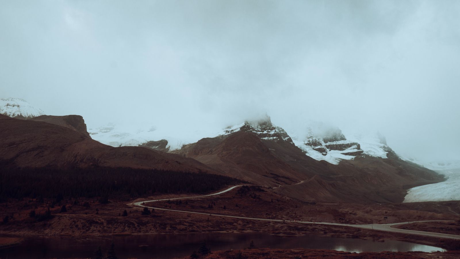 The Columbia Icefield seen from the parkway on a clear summer morning