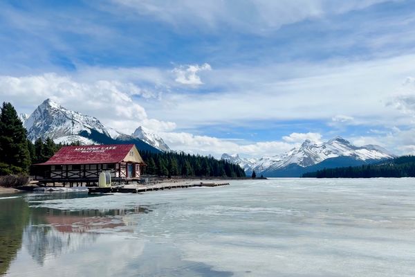 Maligne Lake at dawn in Jasper before the day visitors arrive