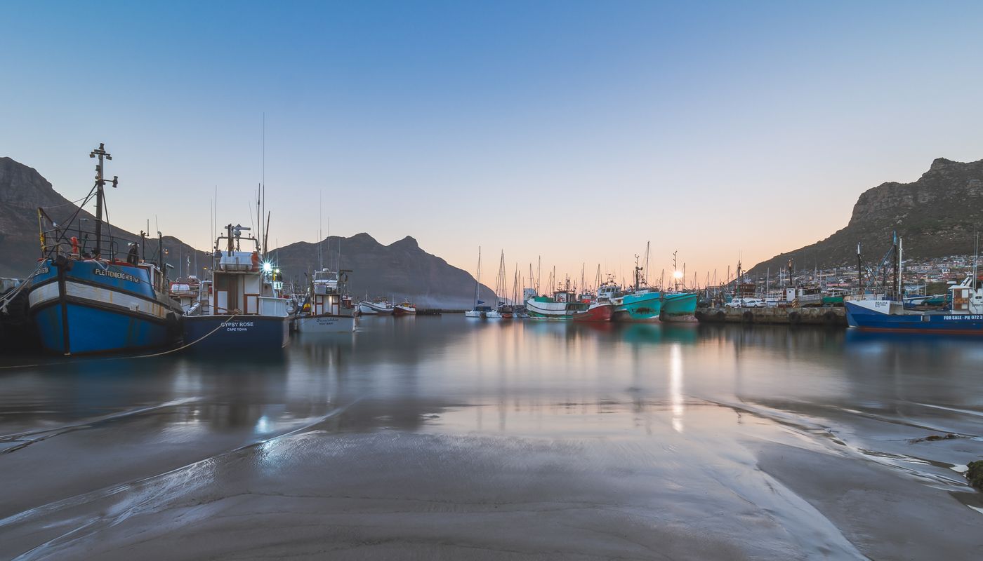 Tofino harbour at dusk with fishing boats and lodge lights