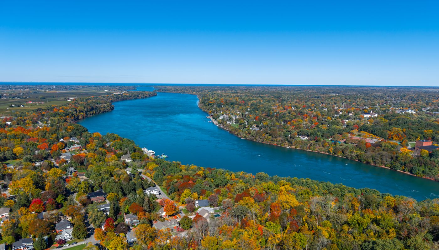 Luxury Ontario wine tour: vineyard rows above the Niagara River in autumn